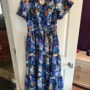 Anthropologie Abstract Blue and Orange Maxi Dress